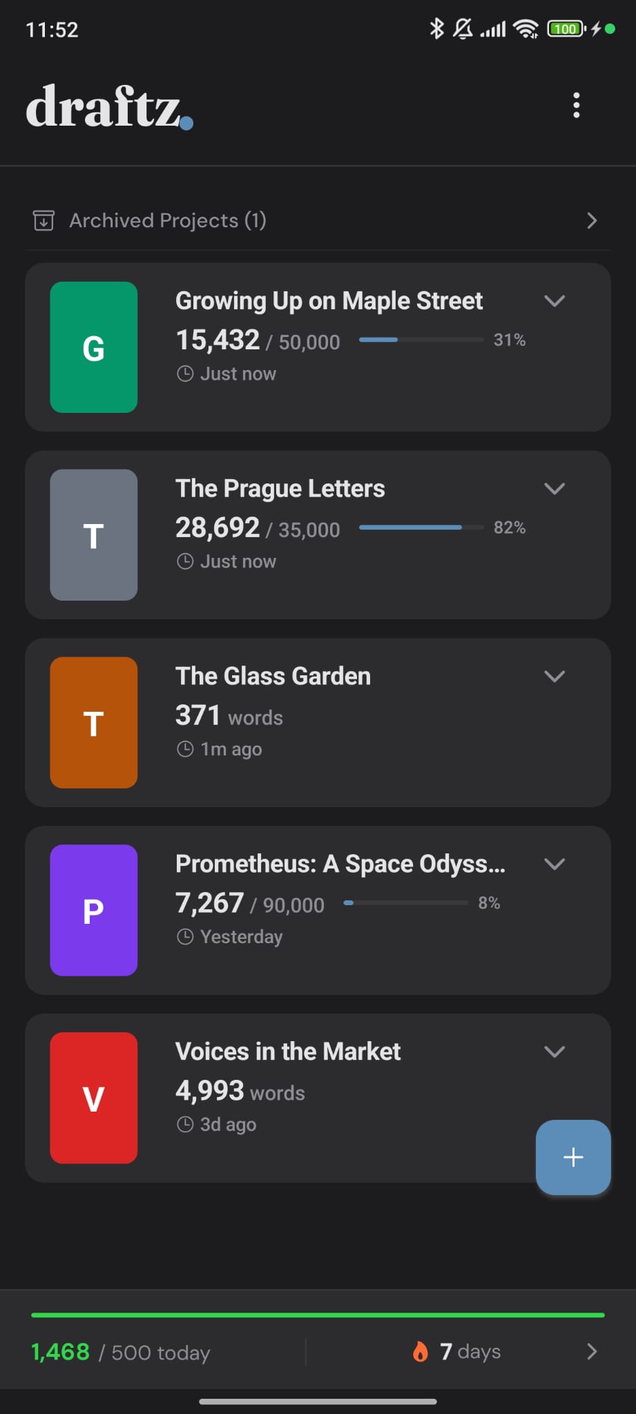 Draftz home screen showing writing projects